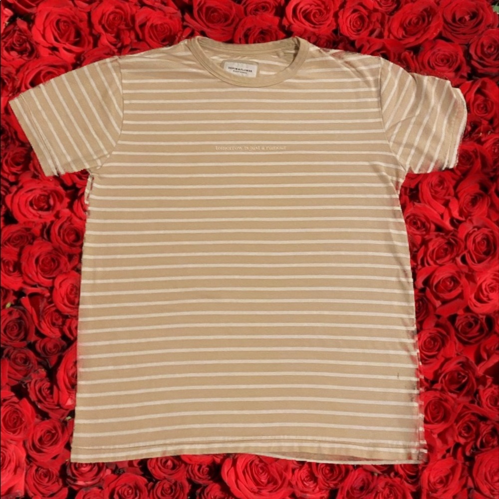 Tan striped Denim and Flower Short Sleeved t-shirt
